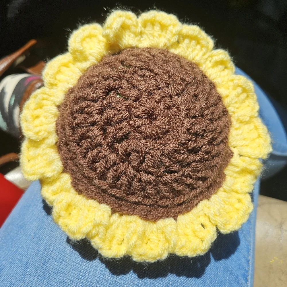 Hand Crafted Yellow Brown Boho Crochet Sunflower Brooch Floral Pin Bag Charm 6
